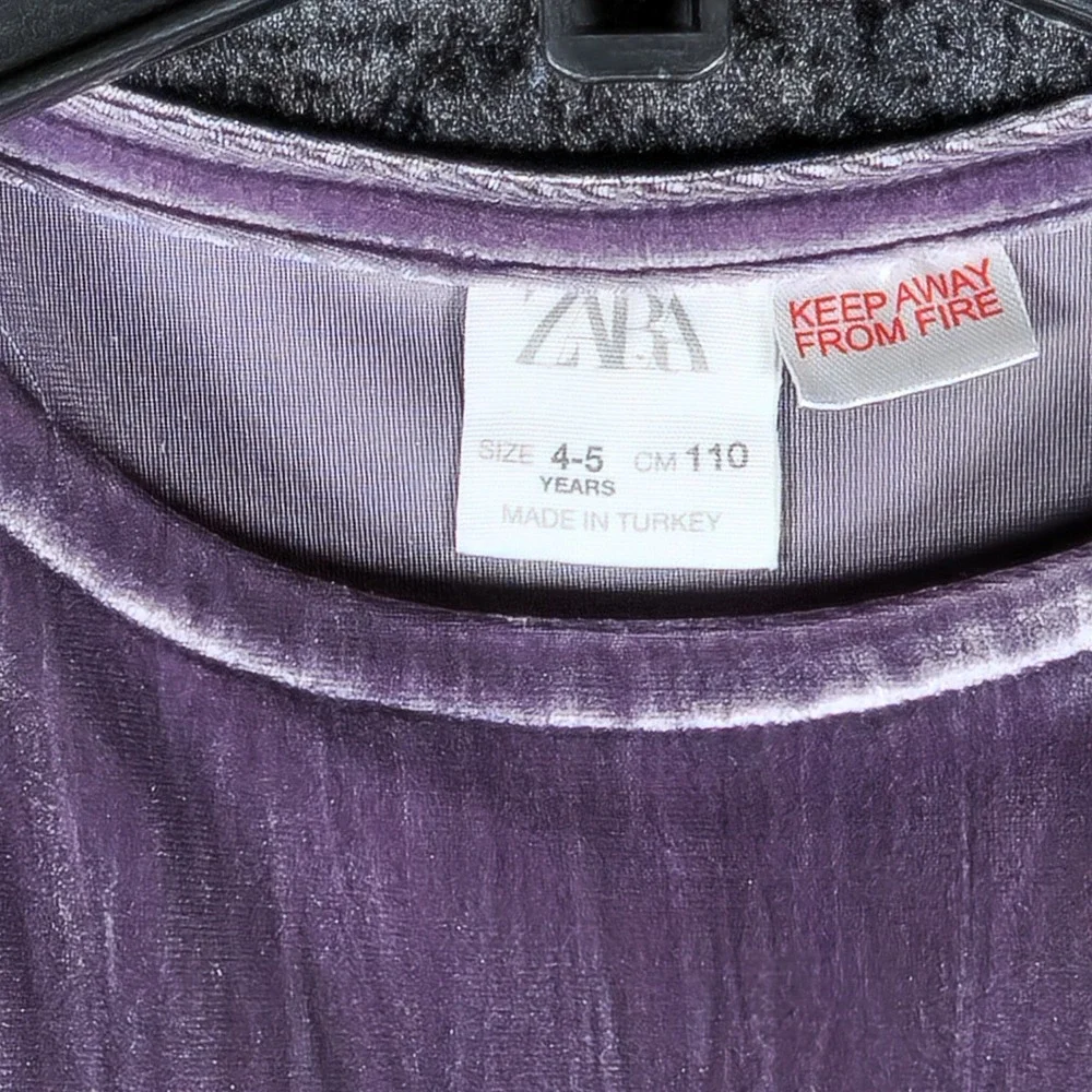 Zara Kids Girls Purple Crushed Velvet Tiered Dress Short Puff Sleeve Size 4-5